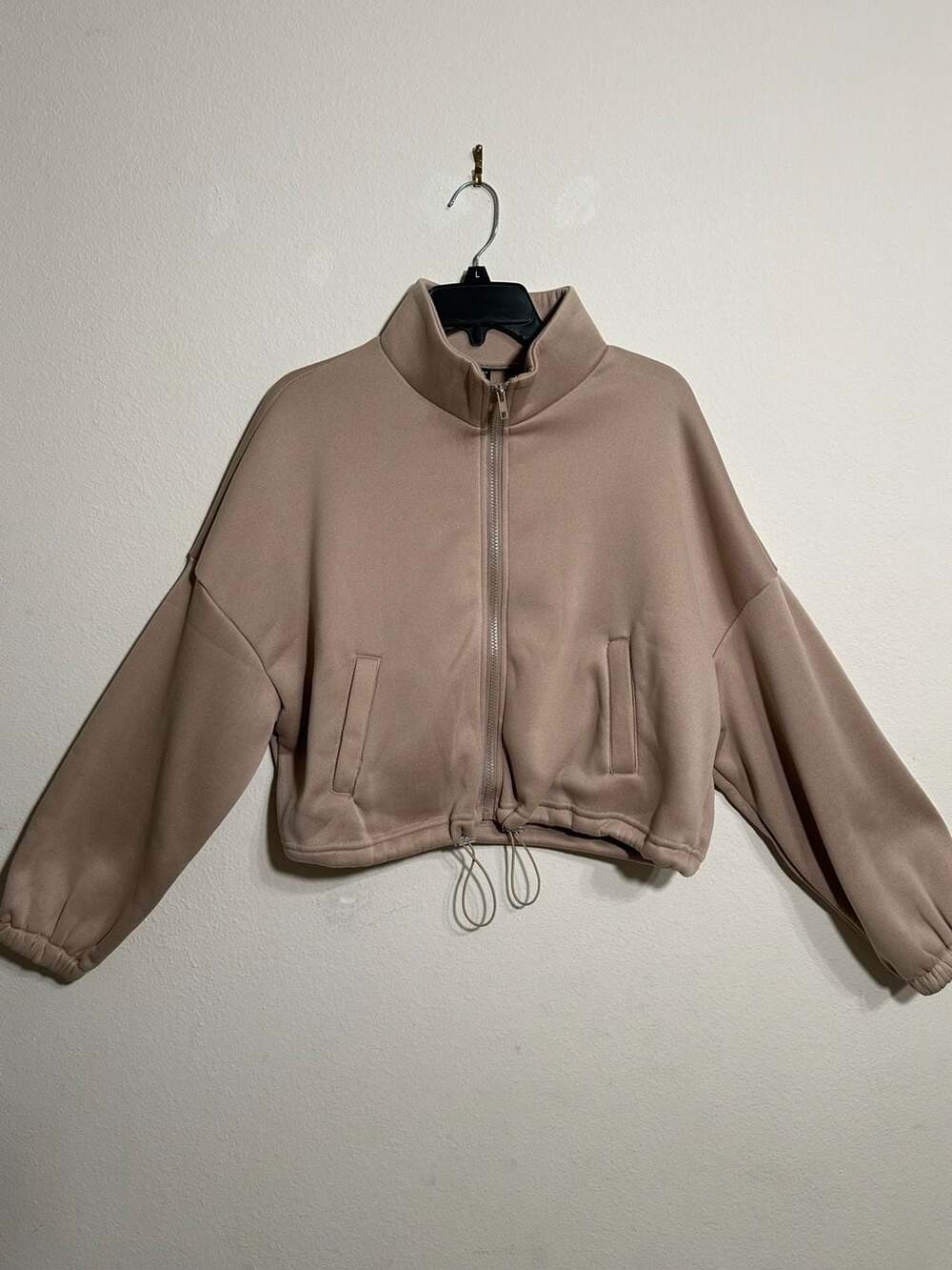 Emery Rose Tan Zip-Up Cropped Jacket with Drawstring Hem Size S